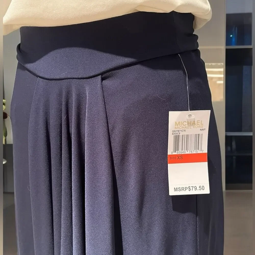 NEW Michael Kors Hi Low Asymmetrical Gathered Waterfall Jersey Skirt Navy XS NWT - Picture 8 of 16